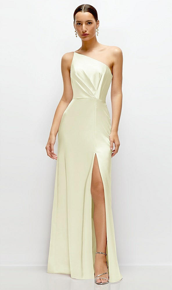 Front View - Butter Yellow Pleated One-Shoulder Satin Maxi Dress with A-Line Skirt