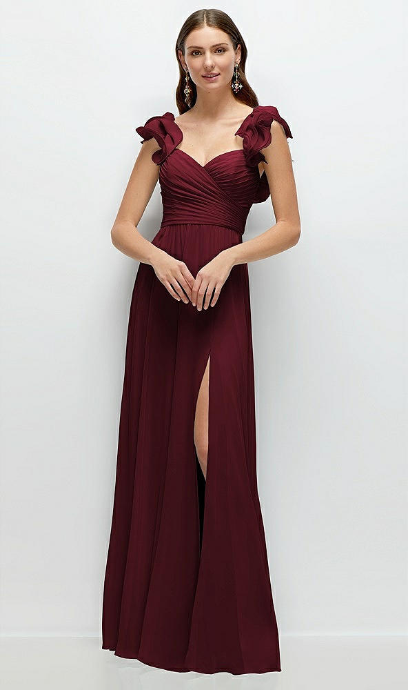 Front View - Cabernet Dramatic Ruffle Edge Strap Chiffon Maxi Dress