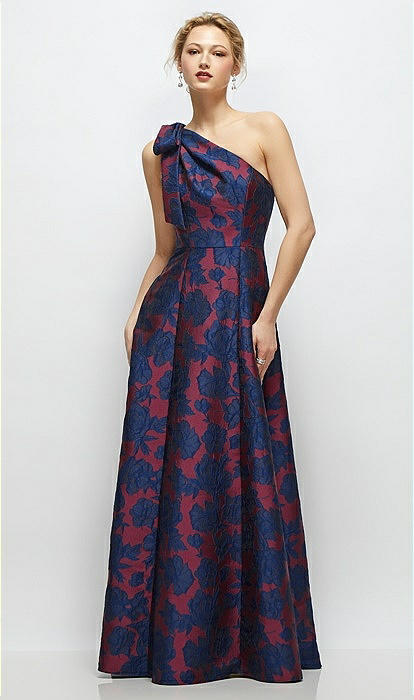 Bow One-shoulder Full A-line Heritage Floral Jacquard Maxi