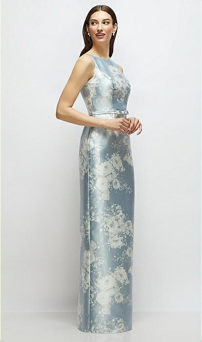 Floral Bateau Neck Satin Column Bridesmaid Dress With Bow
