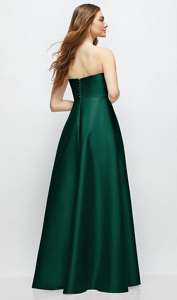 Back View - Hunter Green Strapless Satin Gown with Full Skirt and Covered Buttons at Back