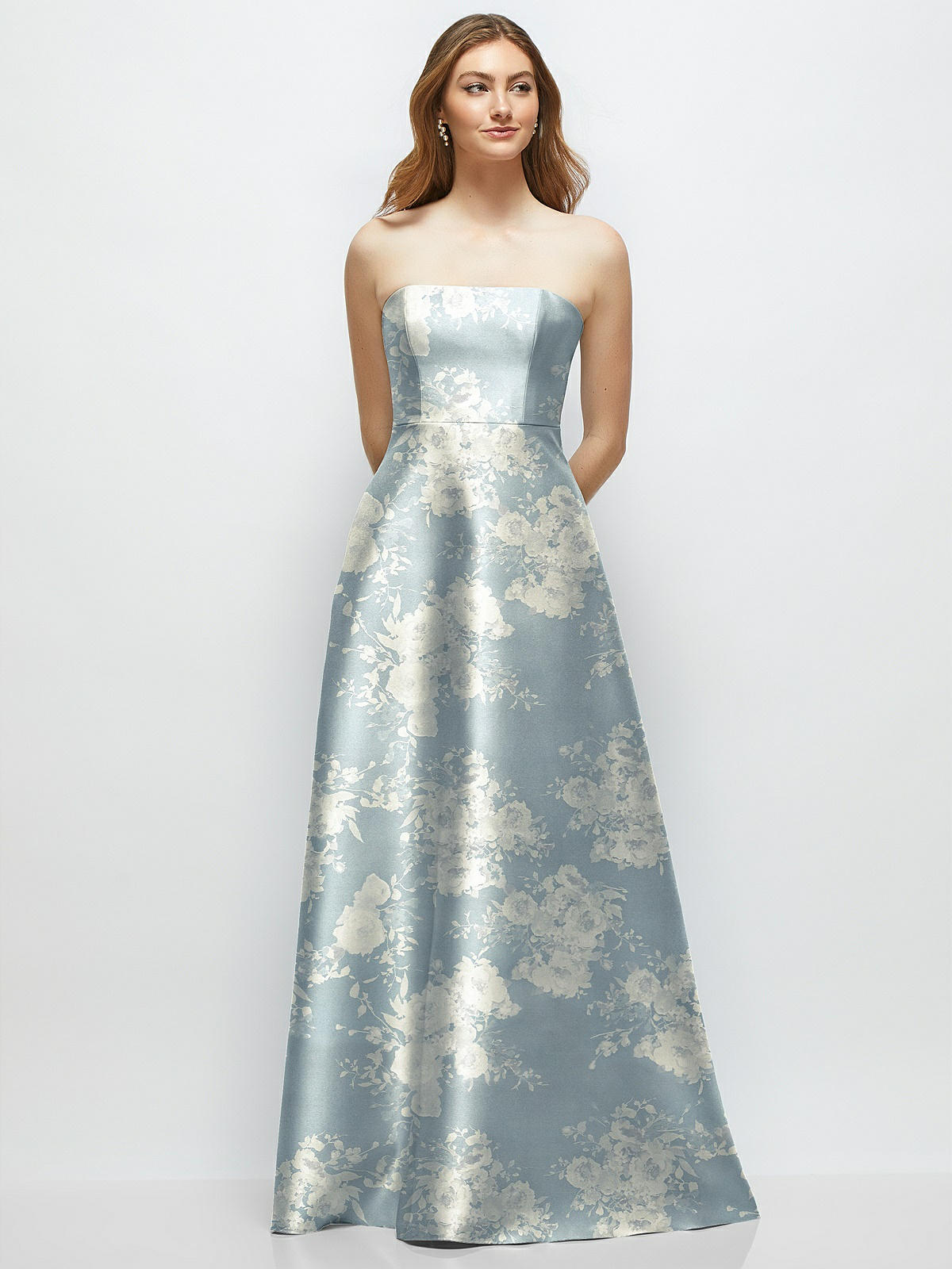 Strapless Floral Satin Bridesmaid Dress With Full Skirt And