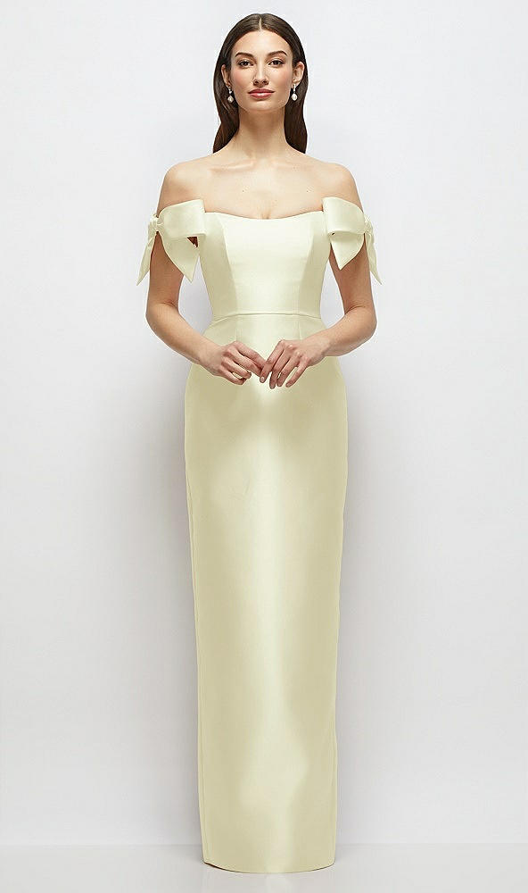 Front View - Butter Yellow Basque-Neck Satin Column Maxi Dress with Off-the-Shoulder Bows