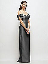 Side View Thumbnail - Gunmetal Basque-Neck Satin Column Maxi Dress with Off-the-Shoulder Bows