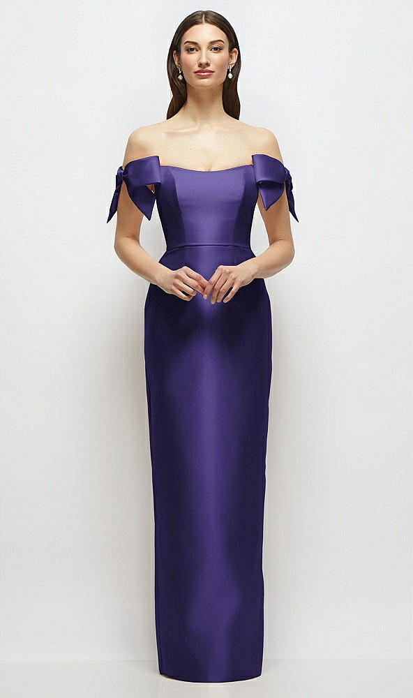 Front View - Grape Basque-Neck Satin Column Maxi Dress with Off-the-Shoulder Bows