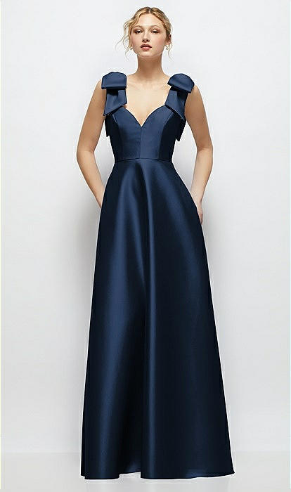 Deep V-neck Satin Ball Bridesmaid Dress With Shoulder Bows