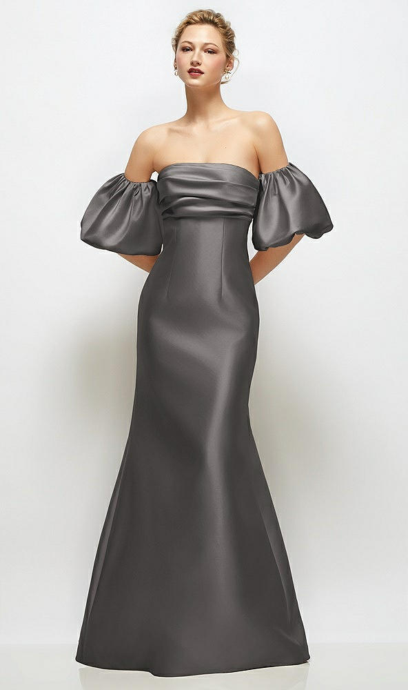 Front View - Caviar Gray Off-the-Shoulder Puff Sleeve Satin Maxi Dress with Flared Skirt