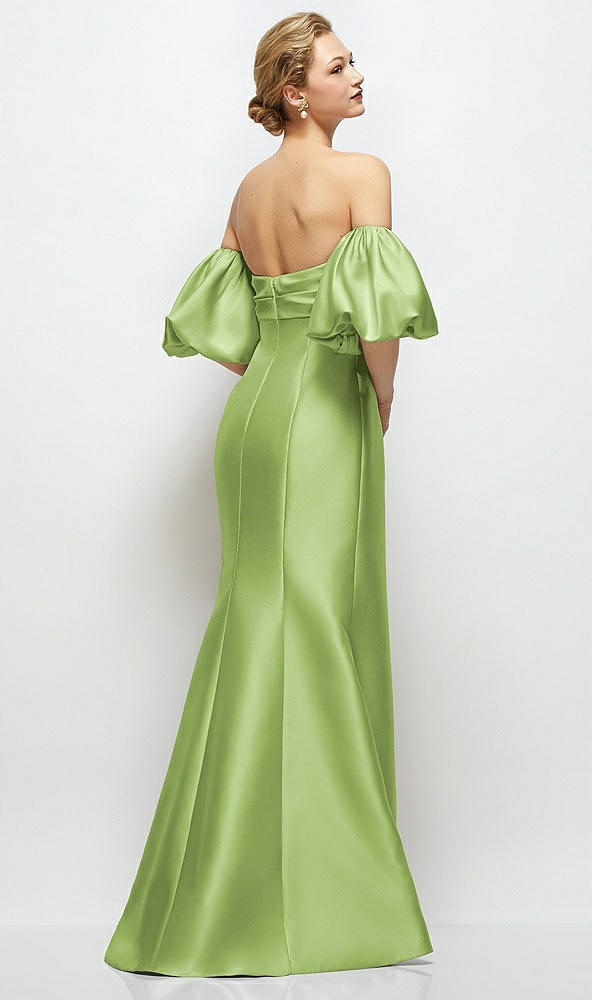 Back View - Mojito Off-the-Shoulder Puff Sleeve Satin Maxi Dress with Flared Skirt