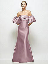 Front View Thumbnail - Dusty Rose Off-the-Shoulder Puff Sleeve Satin Maxi Dress with Flared Skirt