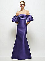 Front View Thumbnail - Grape Off-the-Shoulder Puff Sleeve Satin Maxi Dress with Flared Skirt