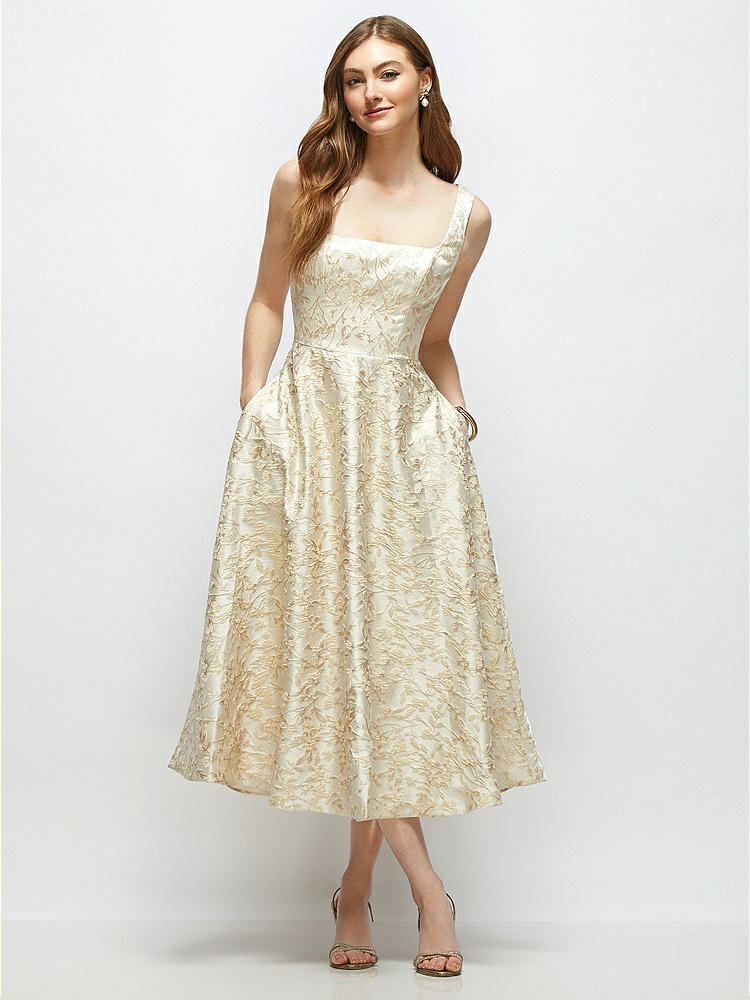 Champagne Floral Brocade Square Neck Maxi Bridesmaid Dress