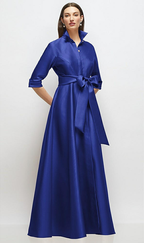 Front View - Cobalt Blue 3/4 Sleeve Satin Shirt Dress Gown with Sash and Jeweled Buttons