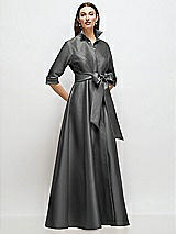 Front View Thumbnail - Gunmetal 3/4 Sleeve Satin Shirt Dress Gown with Sash and Jeweled Buttons