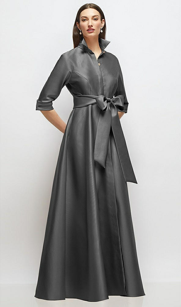 Front View - Gunmetal 3/4 Sleeve Satin Shirt Dress Gown with Sash and Jeweled Buttons