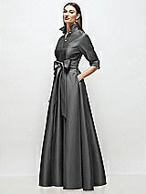 Side View Thumbnail - Gunmetal 3/4 Sleeve Satin Shirt Dress Gown with Sash and Jeweled Buttons