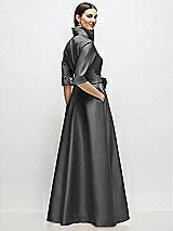 Rear View Thumbnail - Gunmetal 3/4 Sleeve Satin Shirt Dress Gown with Sash and Jeweled Buttons
