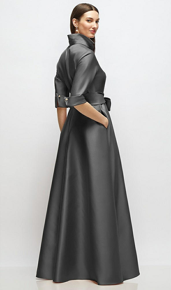 Back View - Gunmetal 3/4 Sleeve Satin Shirt Dress Gown with Sash and Jeweled Buttons