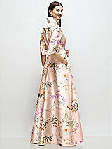 Rear View Thumbnail - Butterfly Botanica Pink Sand 3/4 Sleeve Floral Satin Shirt Dress Gown with Sash and Jeweled Buttons