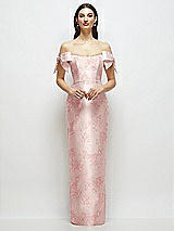 Front View Thumbnail - Bow And Blossom Print Basque-Neck Floral Satin Column Maxi Dress with Off-the-Shoulder Bows