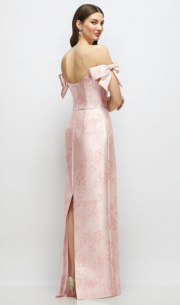 Back View - Bow And Blossom Print Basque-Neck Floral Satin Column Maxi Dress with Off-the-Shoulder Bows