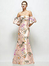 Front View Thumbnail - Butterfly Botanica Pink Sand Off-the-Shoulder Puff Sleeve Floral Satin Maxi Dress with Flared Skirt