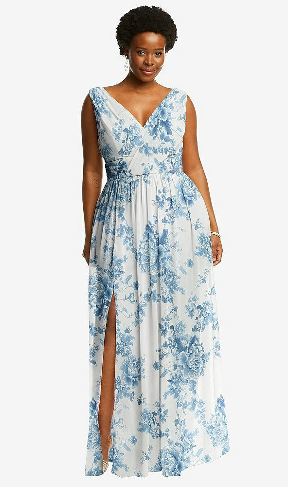 Front View - Cottage Rose Dusk Blue Sleeveless Draped Chiffon Maxi Dress with Front Slit