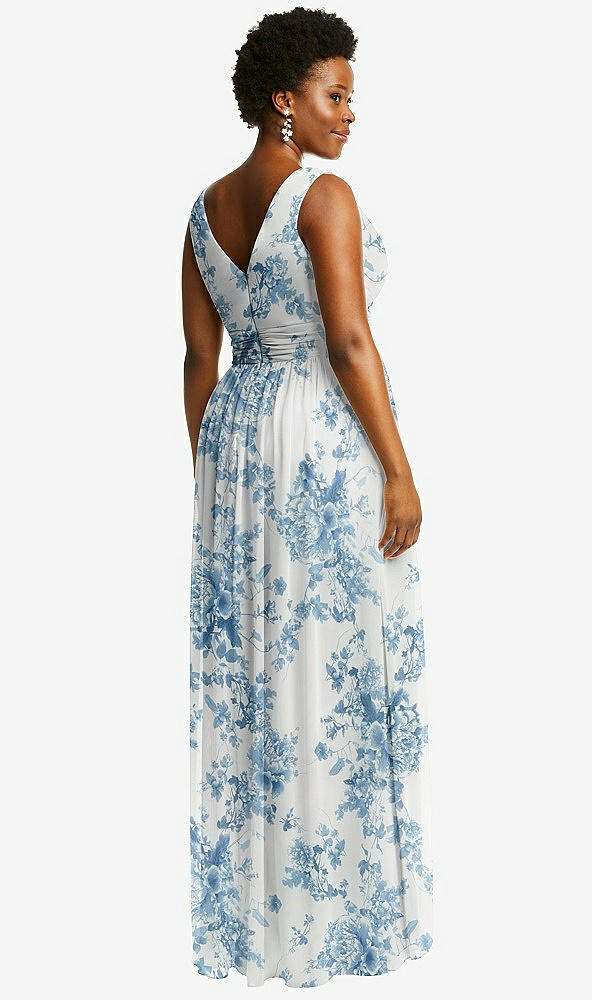 Back View - Cottage Rose Dusk Blue Sleeveless Draped Chiffon Maxi Dress with Front Slit