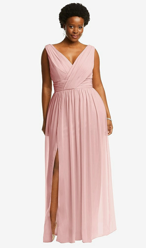 Front View - Rose Sleeveless Draped Chiffon Maxi Dress with Front Slit