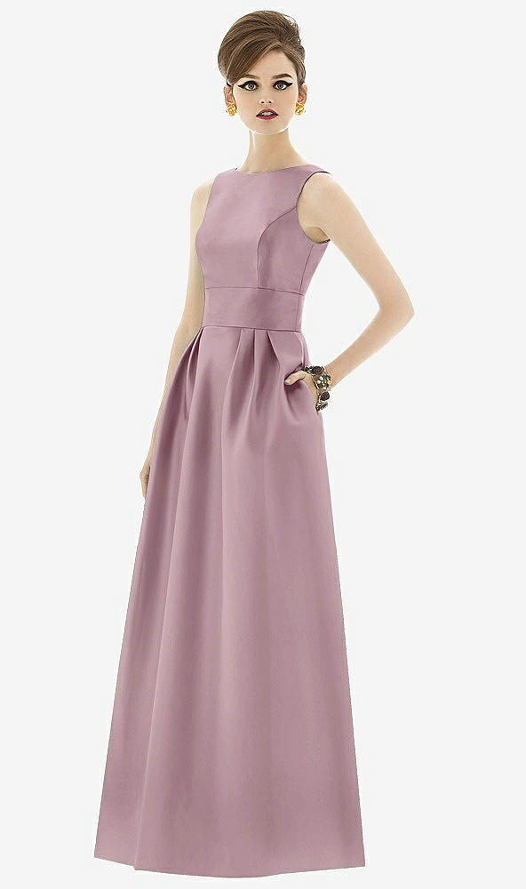Front View - Dusty Rose Alfred Sung Open Back Satin Twill Gown D661