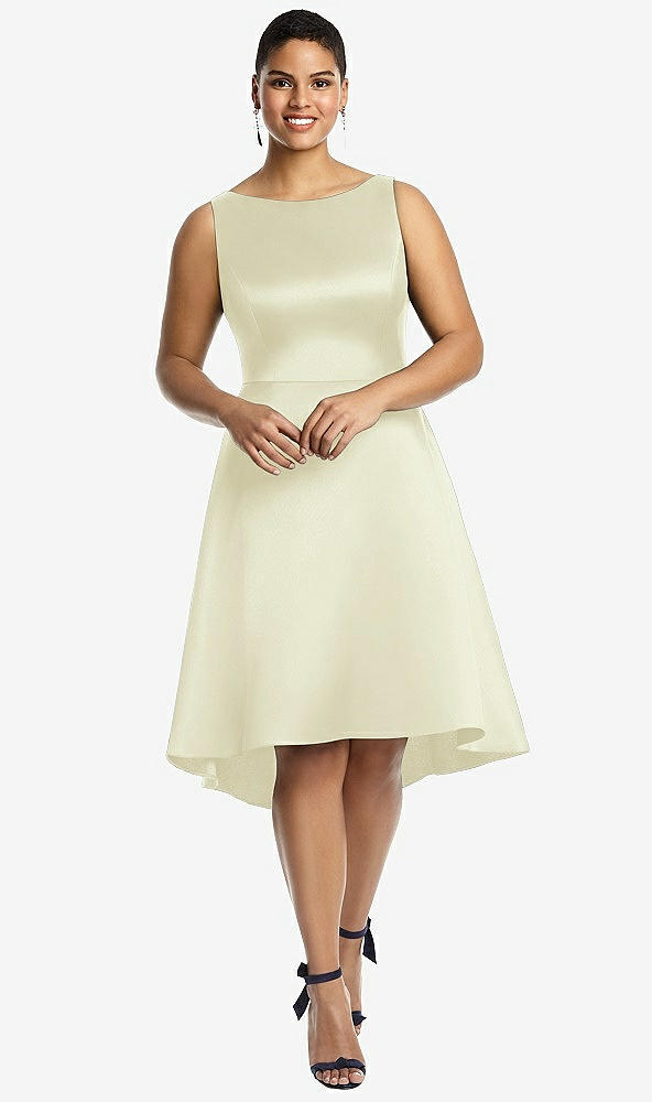 Front View - Butter Yellow Bateau Neck Satin High Low Cocktail Dress