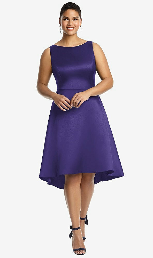 Front View - Grape Bateau Neck Satin High Low Cocktail Dress