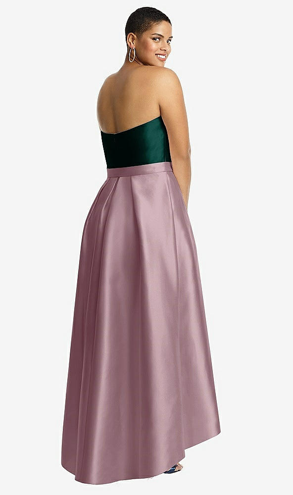 Back View - Dusty Rose & Evergreen Strapless Satin High Low Dress with Pockets