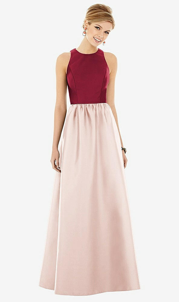 Front View - Blush & Burgundy Sleeveless Keyhole Back Satin Maxi Dress