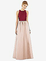Front View Thumbnail - Cameo & Burgundy Sleeveless Keyhole Back Satin Maxi Dress