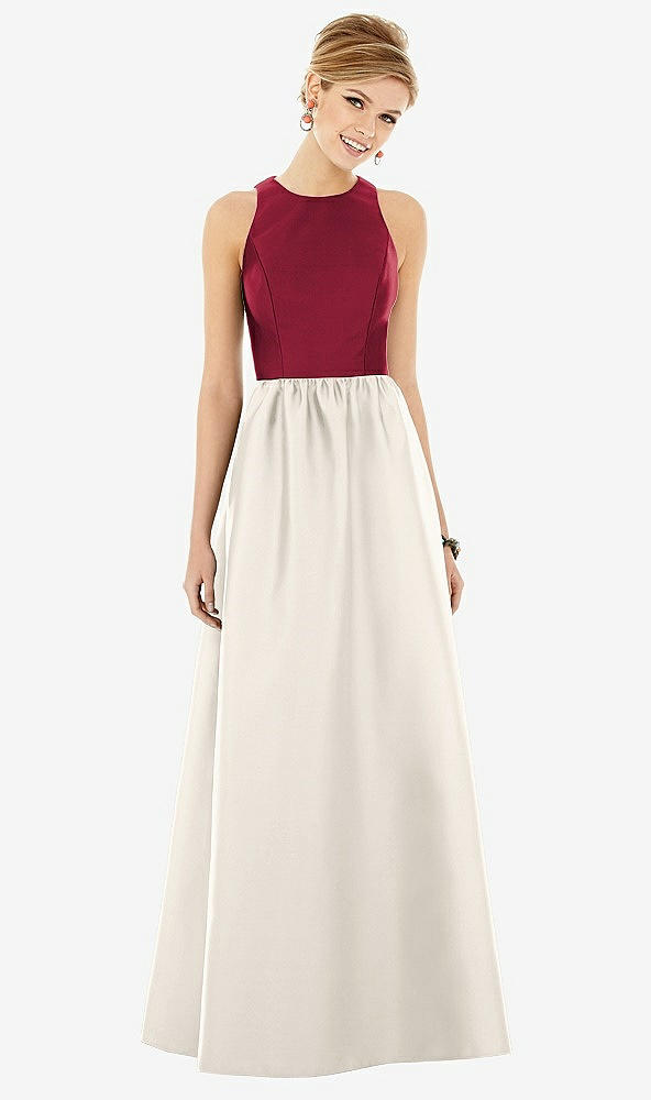 Front View - Ivory & Burgundy Sleeveless Keyhole Back Satin Maxi Dress