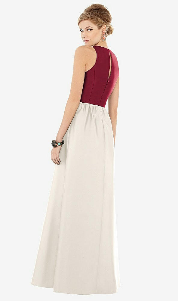 Back View - Ivory & Burgundy Sleeveless Keyhole Back Satin Maxi Dress