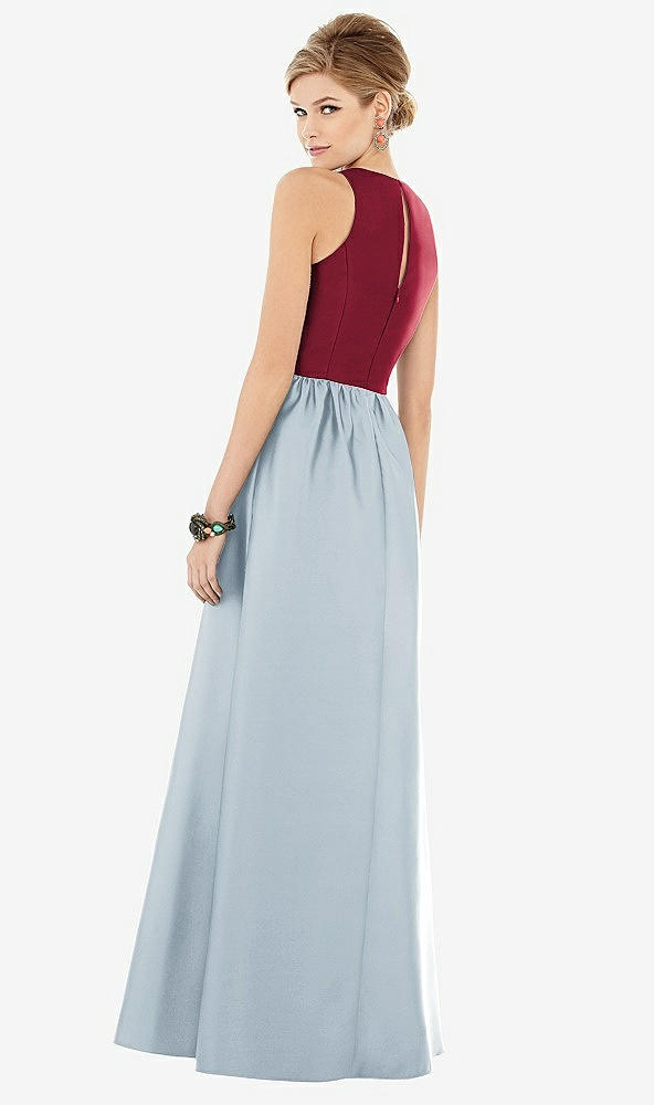 Back View - Mist & Burgundy Sleeveless Keyhole Back Satin Maxi Dress