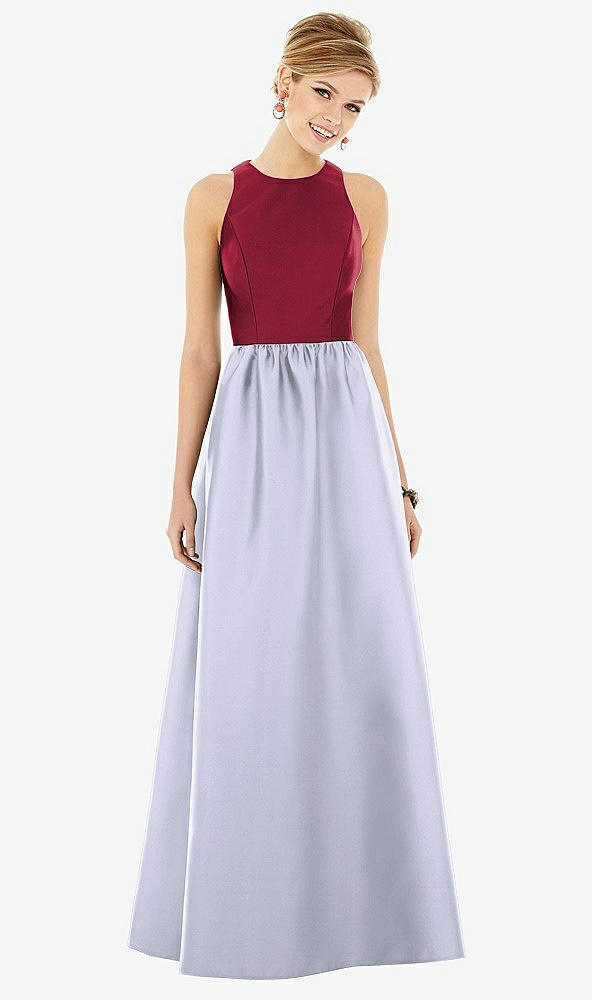 Front View - Silver Dove & Burgundy Sleeveless Keyhole Back Satin Maxi Dress