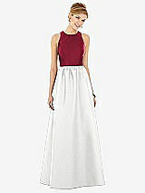 Front View Thumbnail - White & Burgundy Sleeveless Keyhole Back Satin Maxi Dress