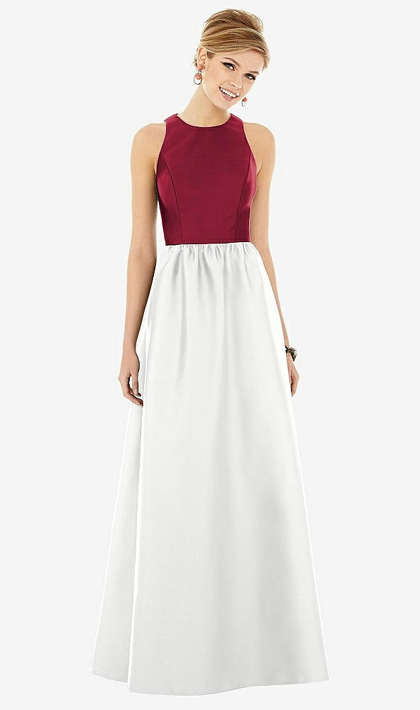 Front View - White & Burgundy Sleeveless Keyhole Back Satin Maxi Dress