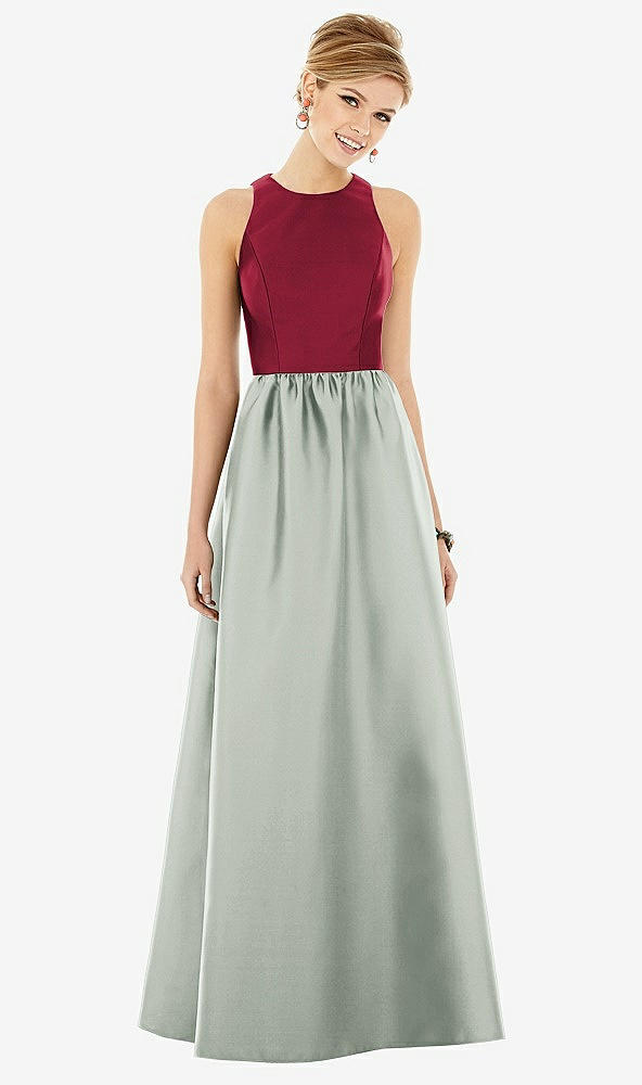 Front View - Willow Green & Burgundy Sleeveless Keyhole Back Satin Maxi Dress