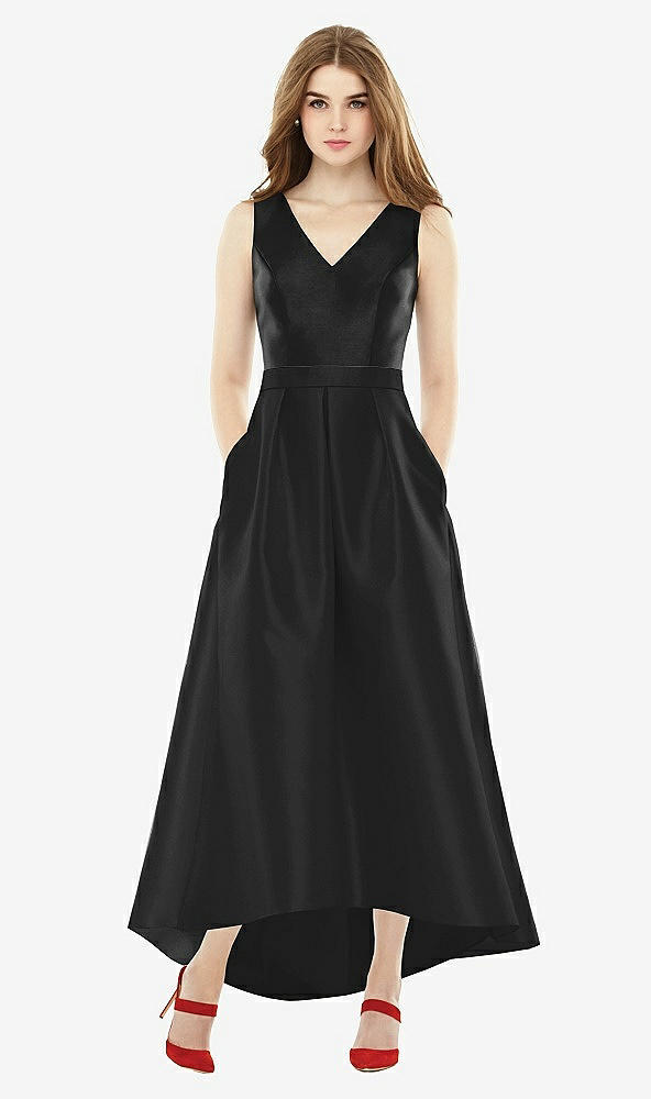 Front View - Black & Black Sleeveless Pleated Skirt High Low Dress with Pockets