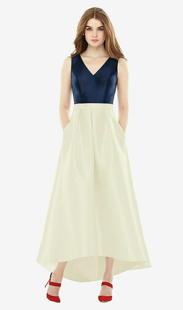 Front View - Butter Yellow & Midnight Navy Sleeveless Pleated Skirt High Low Dress with Pockets
