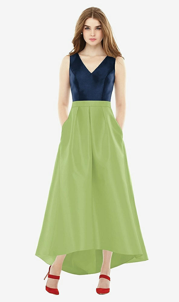 Front View - Mojito & Midnight Navy Sleeveless Pleated Skirt High Low Dress with Pockets