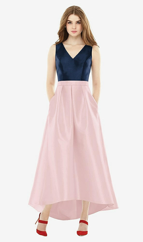 Front View - Ballet Pink & Midnight Navy Sleeveless Pleated Skirt High Low Dress with Pockets