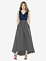 Front View Thumbnail - Gunmetal & Midnight Navy Sleeveless Pleated Skirt High Low Dress with Pockets