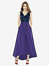 Front View Thumbnail - Grape & Midnight Navy Sleeveless Pleated Skirt High Low Dress with Pockets