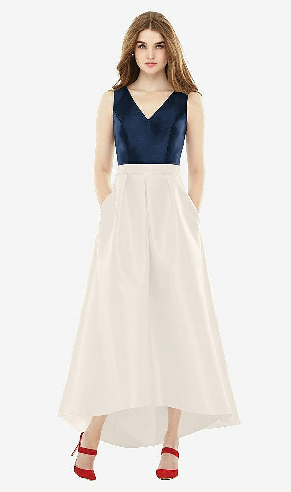 Front View - Ivory & Midnight Navy Sleeveless Pleated Skirt High Low Dress with Pockets