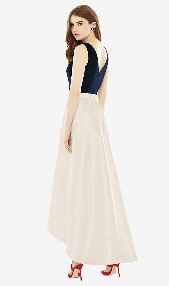 Back View - Ivory & Midnight Navy Sleeveless Pleated Skirt High Low Dress with Pockets