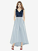 Front View Thumbnail - Mist & Midnight Navy Sleeveless Pleated Skirt High Low Dress with Pockets